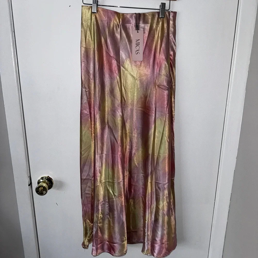Micas‎ Pastel Tie-Dye Satin High wasited Midi Skirt Multicolor Flowy Large